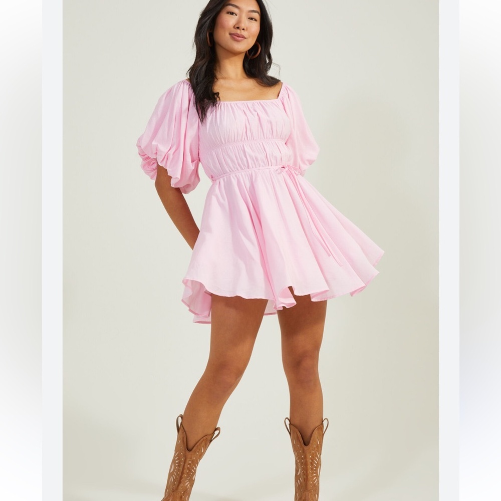 Elegant Pink Puff Sleeve Dress